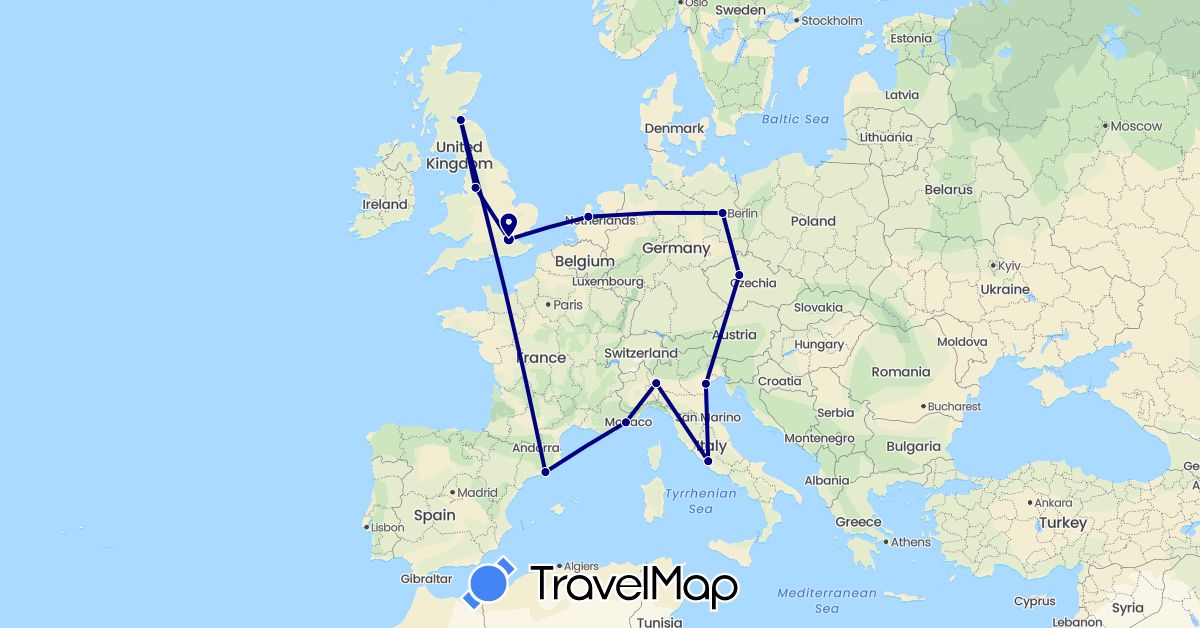 TravelMap itinerary: driving in Czech Republic, Germany, Spain, France, United Kingdom, Italy, Netherlands (Europe)