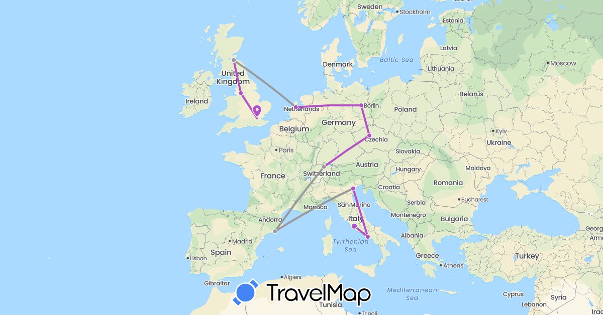 TravelMap itinerary: driving, plane, train in Switzerland, Czech Republic, Germany, Spain, United Kingdom, Italy, Netherlands (Europe)